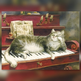 Chat tigré dormant sur piano rouge toile diamond painting strass brillants