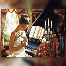 Diamond painting vrouw roos zwarte piano glinsterende strass borduurset