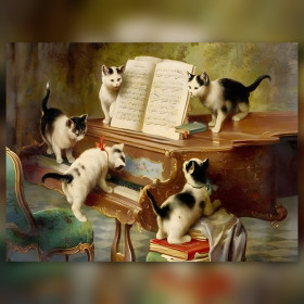 Diamond painting chats jouant piano strass brillants toile terminée