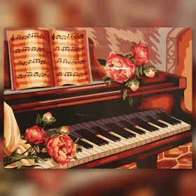 Diamond painting piano with red roses and sheet music shiny rhinestones