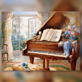 Luxury grand piano diamond painting with flowers sheet music sparkling rhinestones