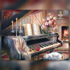 Diamond painting piano noir bougies roses et chat endormi strass brillants