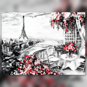 Pariser Balkon mit Eiffelturm und roten Rosen im funkelnden Diamantmalerei Kit