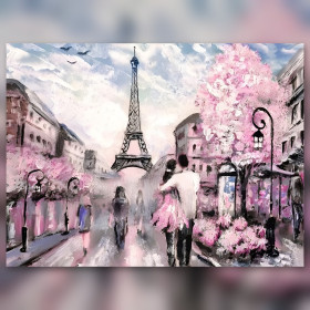 Diamond painting romantisch koppel Parijs Eiffeltoren roze kersenbloesems glanzende steentjes