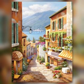 Diamond painting ruelle italienne colorée avec strass brillants et vue lac