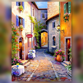 Italiaanse steeg diamond painting met glinsterende strass en kleurrijke bloemen