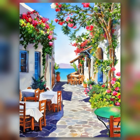 Mediterranean alley with flowers and shiny rhinestones diamond painting kit