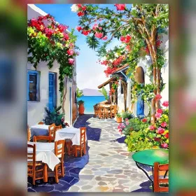 Ruelle méditerranéenne fleurie avec tables et strass brillants diamond painting