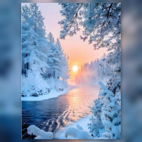 Diamond painting alba invernale fiume innevato strass scintillanti tela