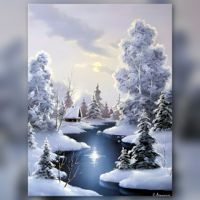 Sneeuwlandschap diamond painting rivier glinsterende strass