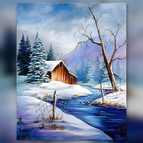 Grange hivernale enneigée avec rivière et strass brillants diamond painting