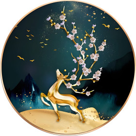 Golden deer under blooming cherry tree diamond painting shiny rhinestones