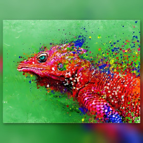 Caméléon rouge éclaboussures colorées diamond painting strass brillants toile terminée