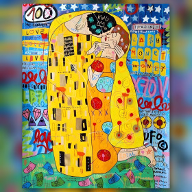 Toile diamond painting terminée Graffiti Woney couple enlacé strass brillants