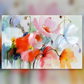 Toile diamond painting pavots colorés strass brillants aquarelle