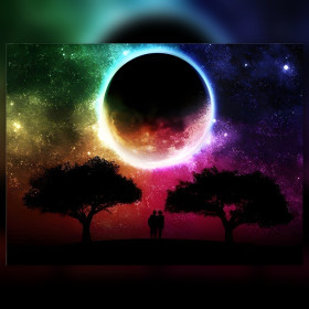 Diamond painting éclipse amoureuse couple silhouettes arbres ciel étoilé strass