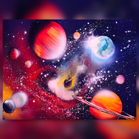 Diamond Painting Leinwand scharlachrote Nebel bunte Planeten glänzende Strasssteine