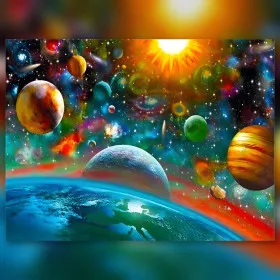 Toile diamond painting cosmos coloré avec planètes et strass brillants