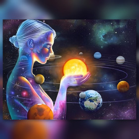 Dea cosmica che tiene il sole con pianeti in diamond painting strass brillanti