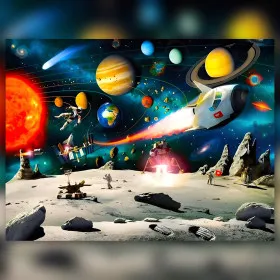Toile diamond painting espace avec planètes vaisseau astronautes et strass brillants