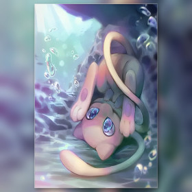 Diamond painting Pokémon Mew aquatique avec strass brillants et bulles