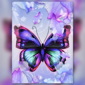 Lila und grüner Schmetterling Diamond Painting mit funkelnden Blütenblättern