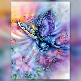 Paars blauwe vlinder diamond painting glinsterende steentjes kleurrijke bloemen