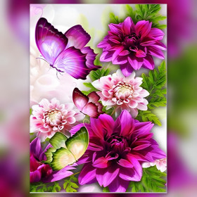 Diamond painting dahlia garden pink purple butterflies shiny rhinestones kit