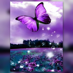 Paarse vlinder glinsterende steentjes bloemenveld diamond painting