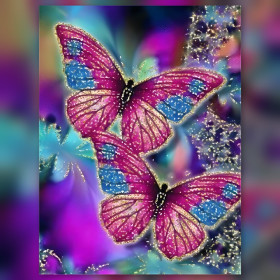 Diamond Painting zwei rosa und blaue Schmetterlinge mit funkelnden Strasssteinen