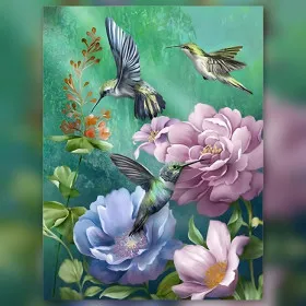 Diamond painting colibris volant fleurs roses et bleues strass brillants