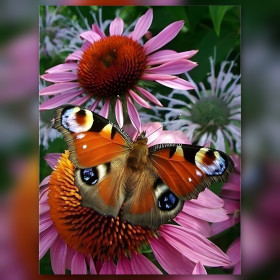 Peacock butterfly diamond painting kit on pink coneflower shiny rhinestones