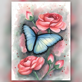 Diamond painting aquarelle papillon bleu et roses roses strass brillants