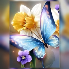Blauwe vlinder diamond painting glinsterende steentjes narcis paarse bloem