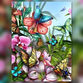 Diamond Painting tropischer Garten Hibiskus rosa Blumen bunte Schmetterlinge glänzende Strasssteine