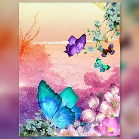 Bunte Schmetterlinge und rosa Blumen Diamantmalerei glänzende Strasssteine