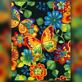Folkloric garden diamond painting canvas colorful butterflies and flowers shiny rhinestones