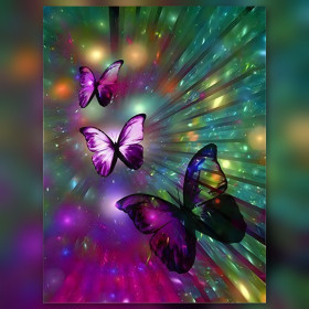 Diamond painting farfalle galattiche viola con strass sfondo cosmico