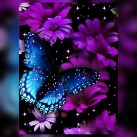 Galactische blauwe vlinder glinsterende steentjes paarse bloemen diamant schilderij