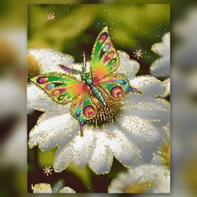 Sprankelende kleurrijke vlinder op witte margriet diamant schilderij