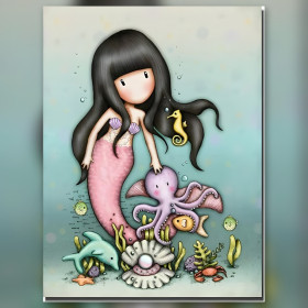 Black-haired mermaid with octopus seahorse and dolphin in shiny rhinestone diamond painting kit