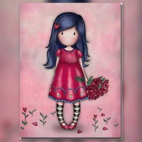 Fille aux cheveux bleus robe rose bouquet cœurs strass diamond painting