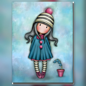 Winter girl striped hat blue dress diamond painting shiny rhinestones