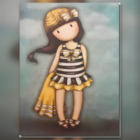 Diamond painting fille robe rayée jaune strass brillants