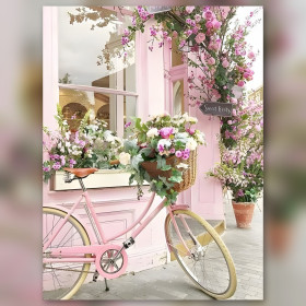 Roze fiets diamond painting doek met bloemen en glinsterende steentjes