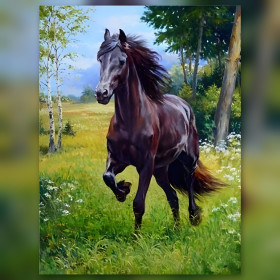 Étalon noir galopant dans prairie verte diamond painting strass brillants