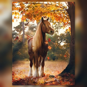 Braunes Pferd Herbstlaub glänzende Strasssteine Diamantmalerei