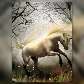 Schitterend wit paard in betoverd bos diamond painting glinsterende steentjes