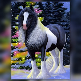 Black and white piebald horse before sparkling Christmas tree diamond painting kit