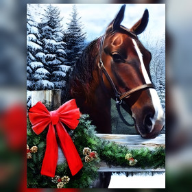 Braunes Pferd Winter rote Schleife Diamond Painting glänzende Strasssteine